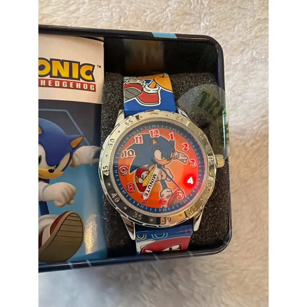 SEGA Sonic The Hedgehog Kids Wrist Watch Lighted Blue Band w/ Tin Accutime NEW